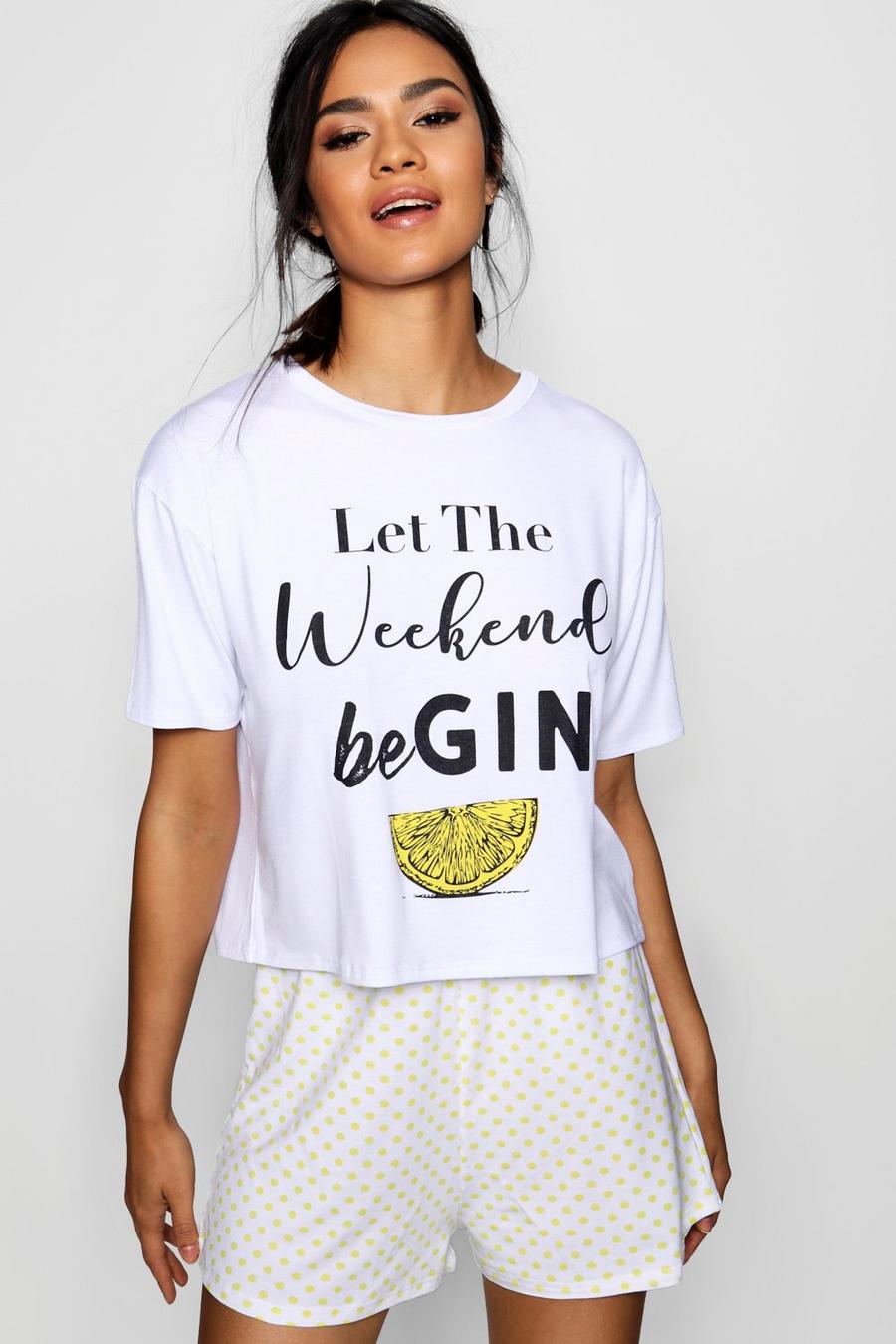Conjunto de pijama con pantalones cortos con estampado “Let the Weekend Be Gin”, Blanco image number 1