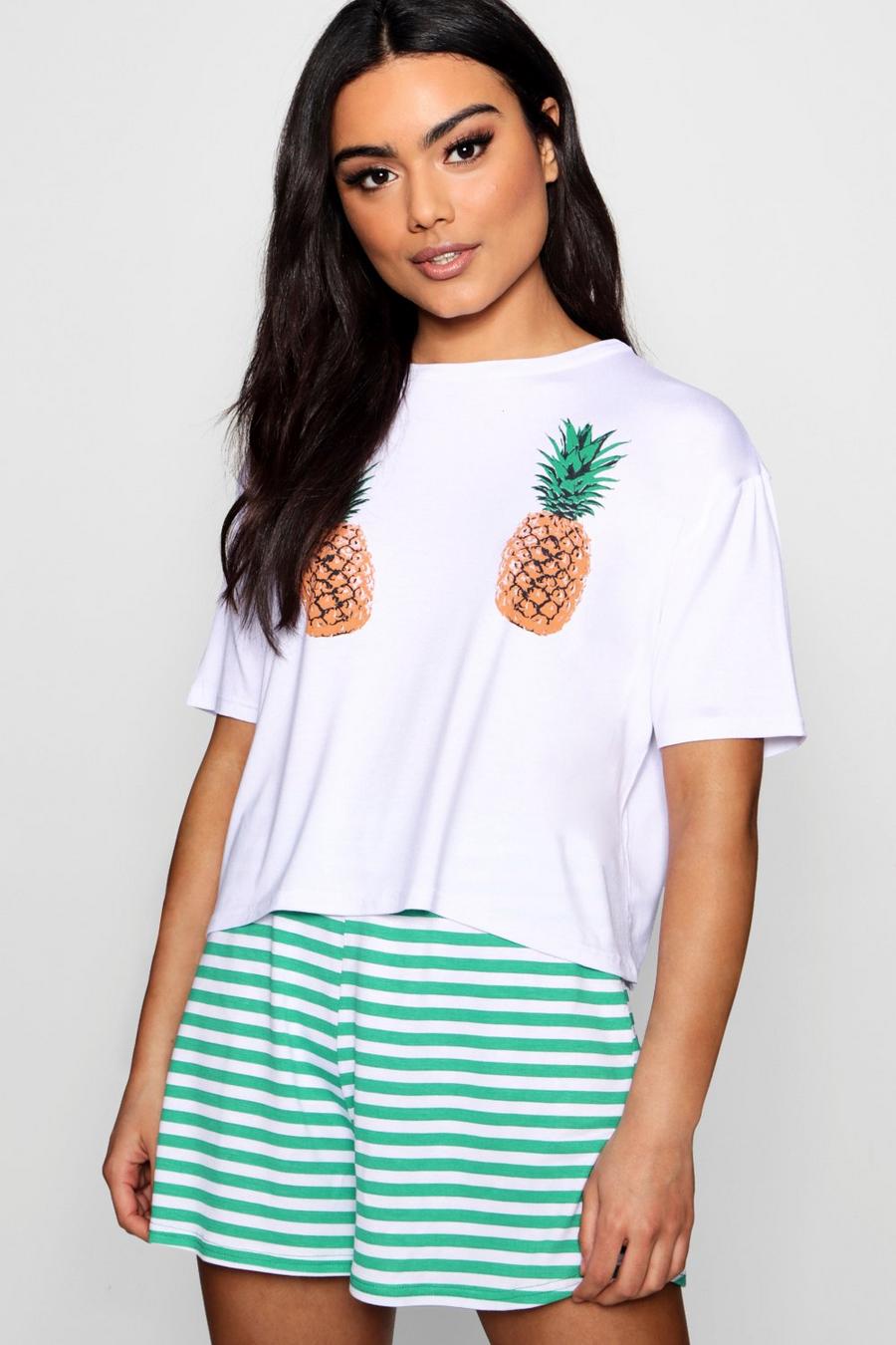 Schlafanzug mit Shorts in Ananas-Print, Weiß image number 1