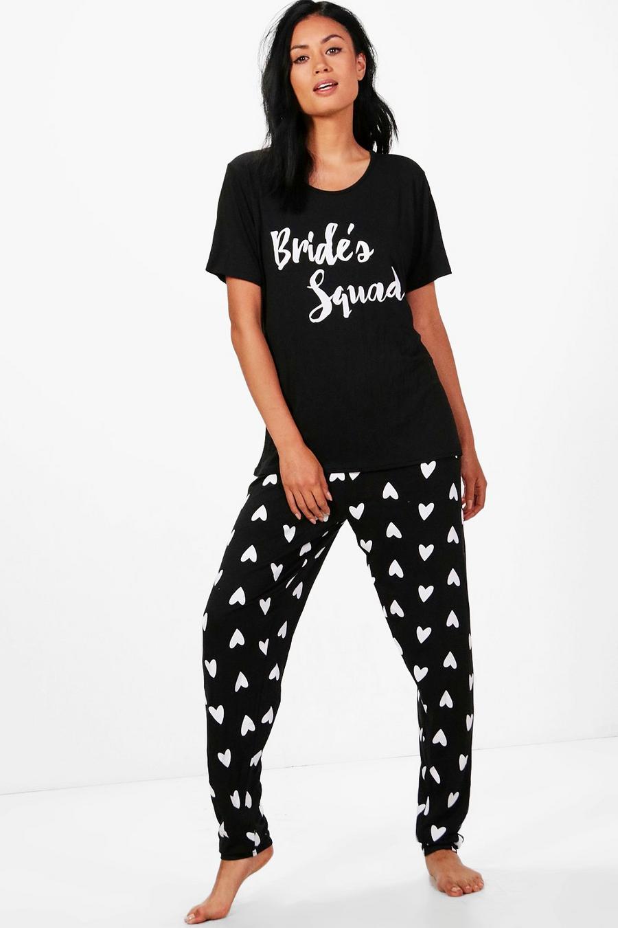 Black svart "Brides Squad" hjärtmönstrat pyjamasset med t-shirt och leggings image number 1