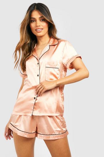 Rose Pink Satin Pj Short Set With Contrast Piping