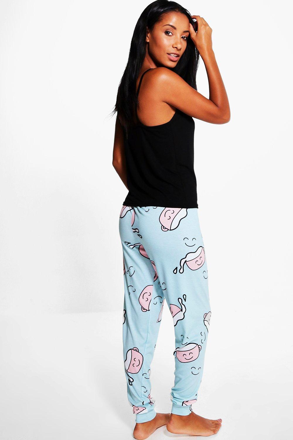 Eve Coffee Print Slogan Skinny Jogger And Tank Top Pj Set boohoo