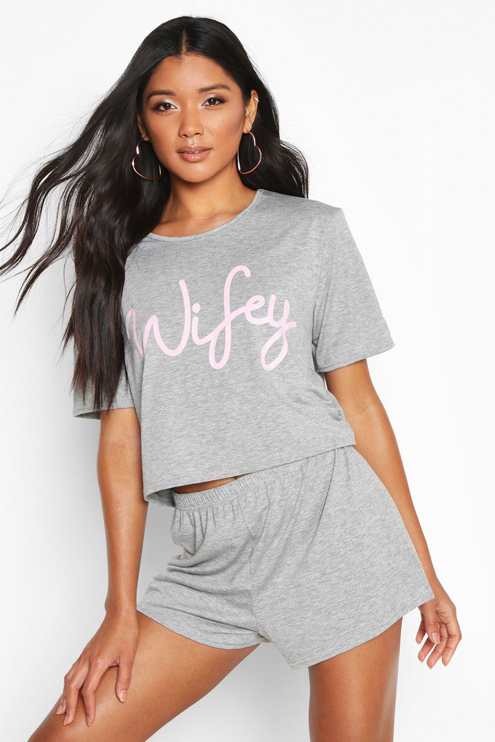 Women s Wifey Bridal T shirt And Shorts PJ Set Boohoo UK