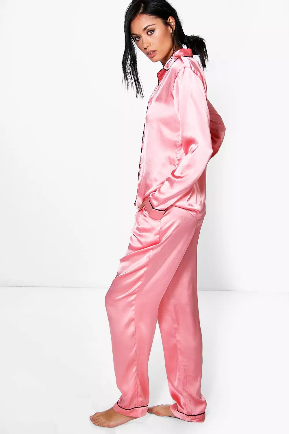 Coral Satin Contrast Piping Button Through Pyjamas alternative image