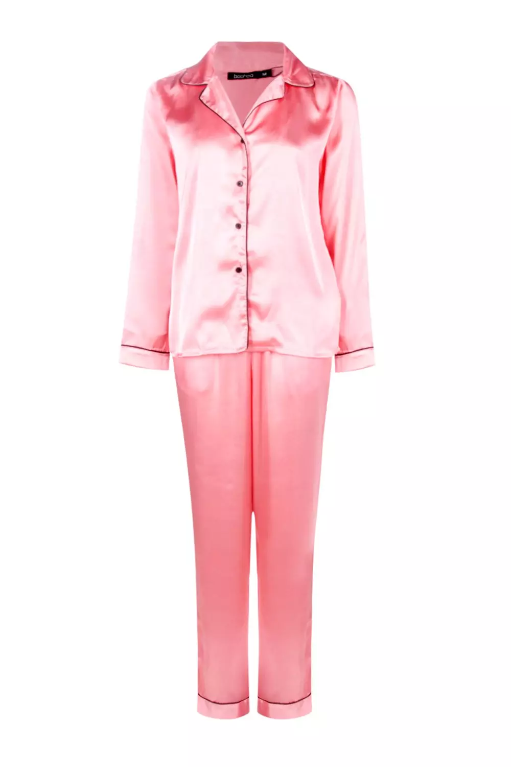 Coral Satin Contrast Piping Button Through Pyjamas alternative image