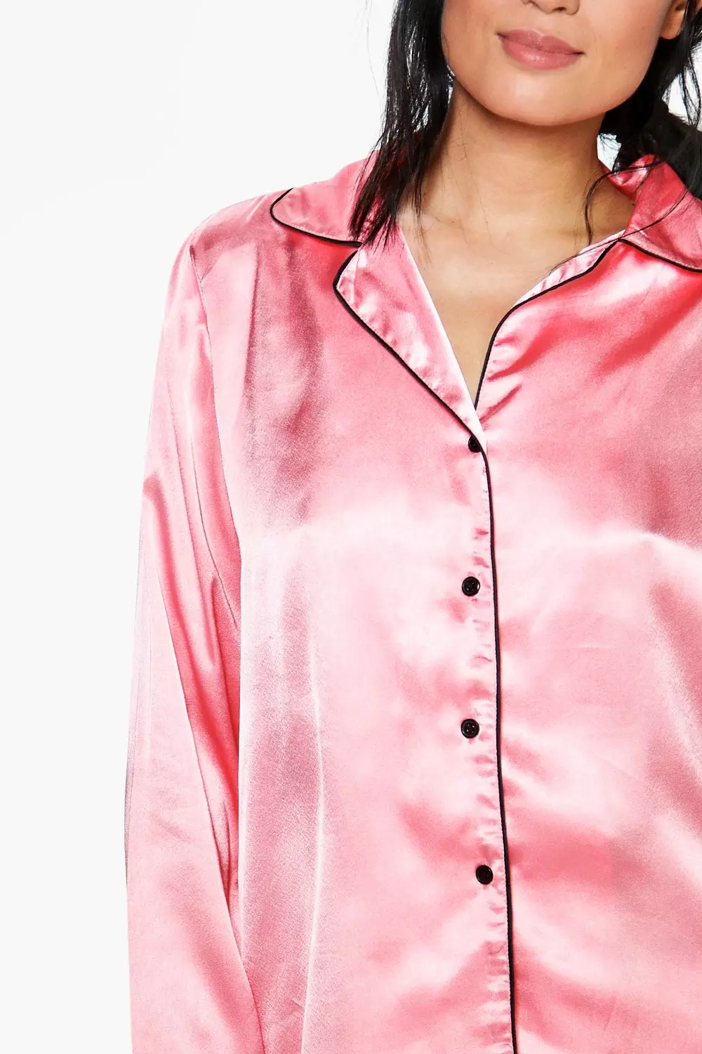 Coral Satin Contrast Piping Button Through Pyjamas alternative image