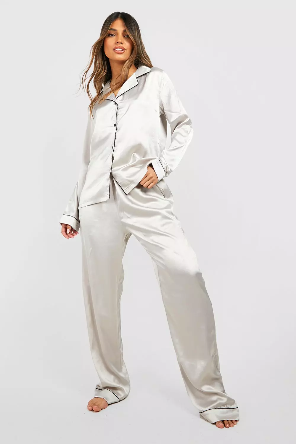 Grey Contrast Piping Button Down Satin Pyjama Set alternative image