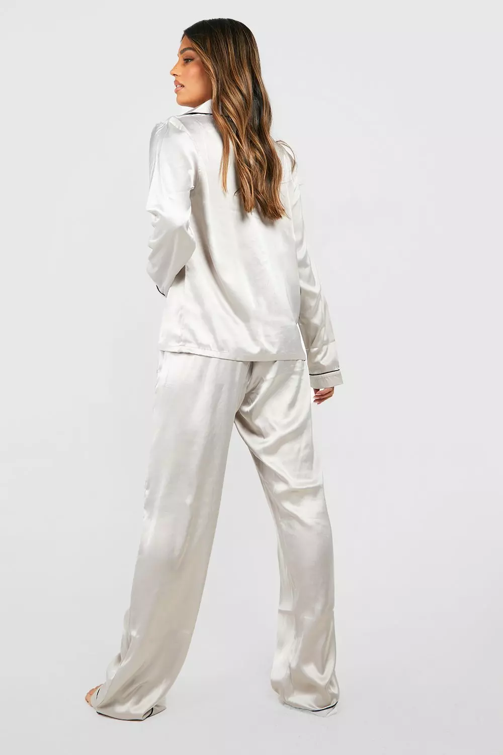 Grey Contrast Piping Button Down Satin Pyjama Set alternative image
