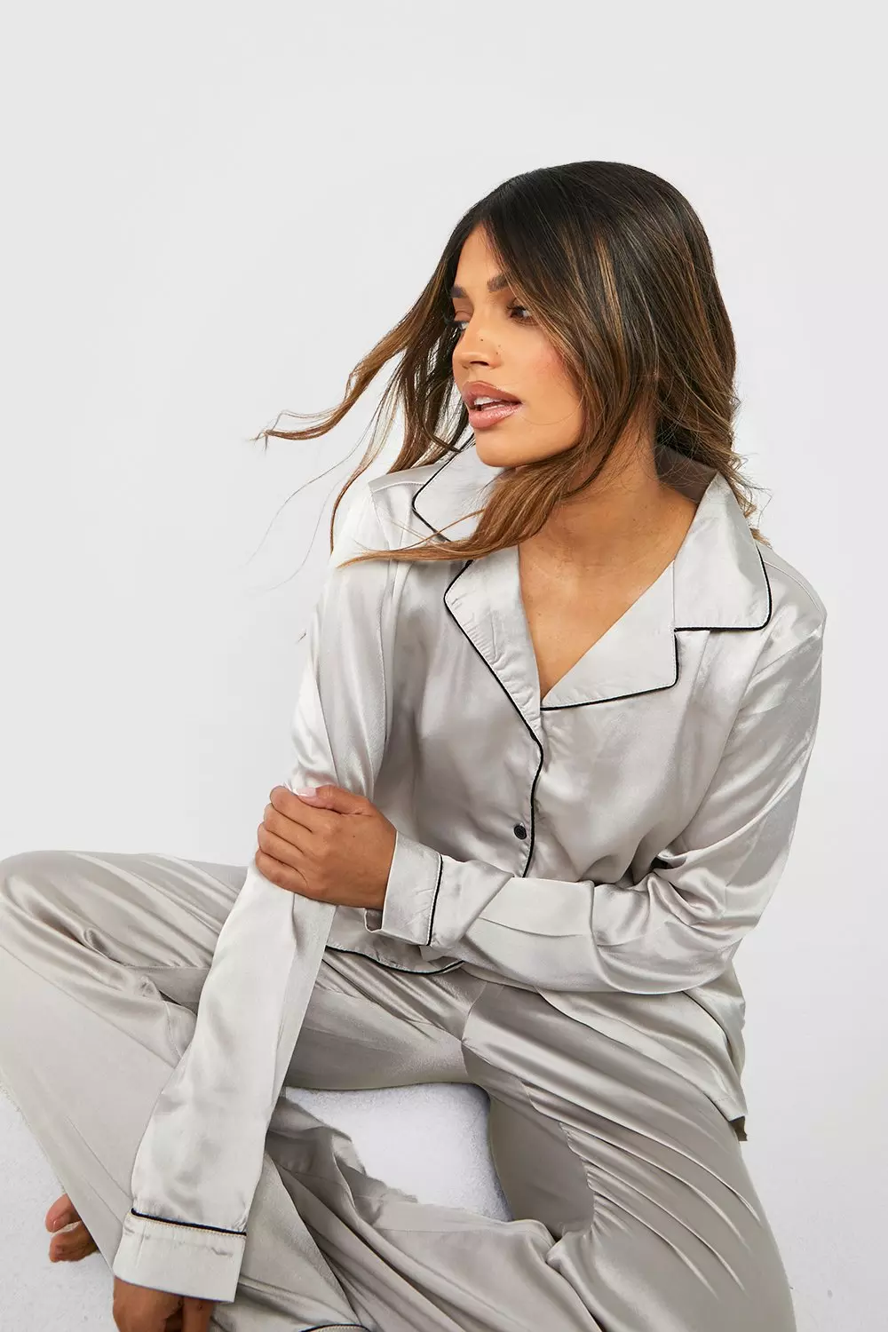 Grey Contrast Piping Button Down Satin Pyjama Set alternative image