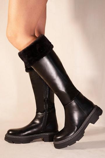 'Nevaey' Platform Calf High Boots With Fur Cuff Black