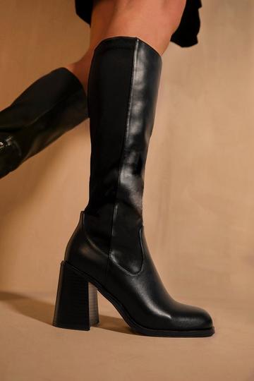 'Zhuri' Mid Block Heel Knee High Boots With Stretch And Side Zip Black