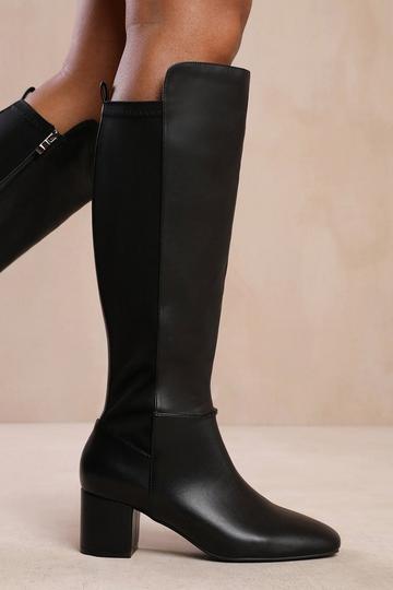 'Cherish' Block Heel Knee High Boots With Side Zip True Black