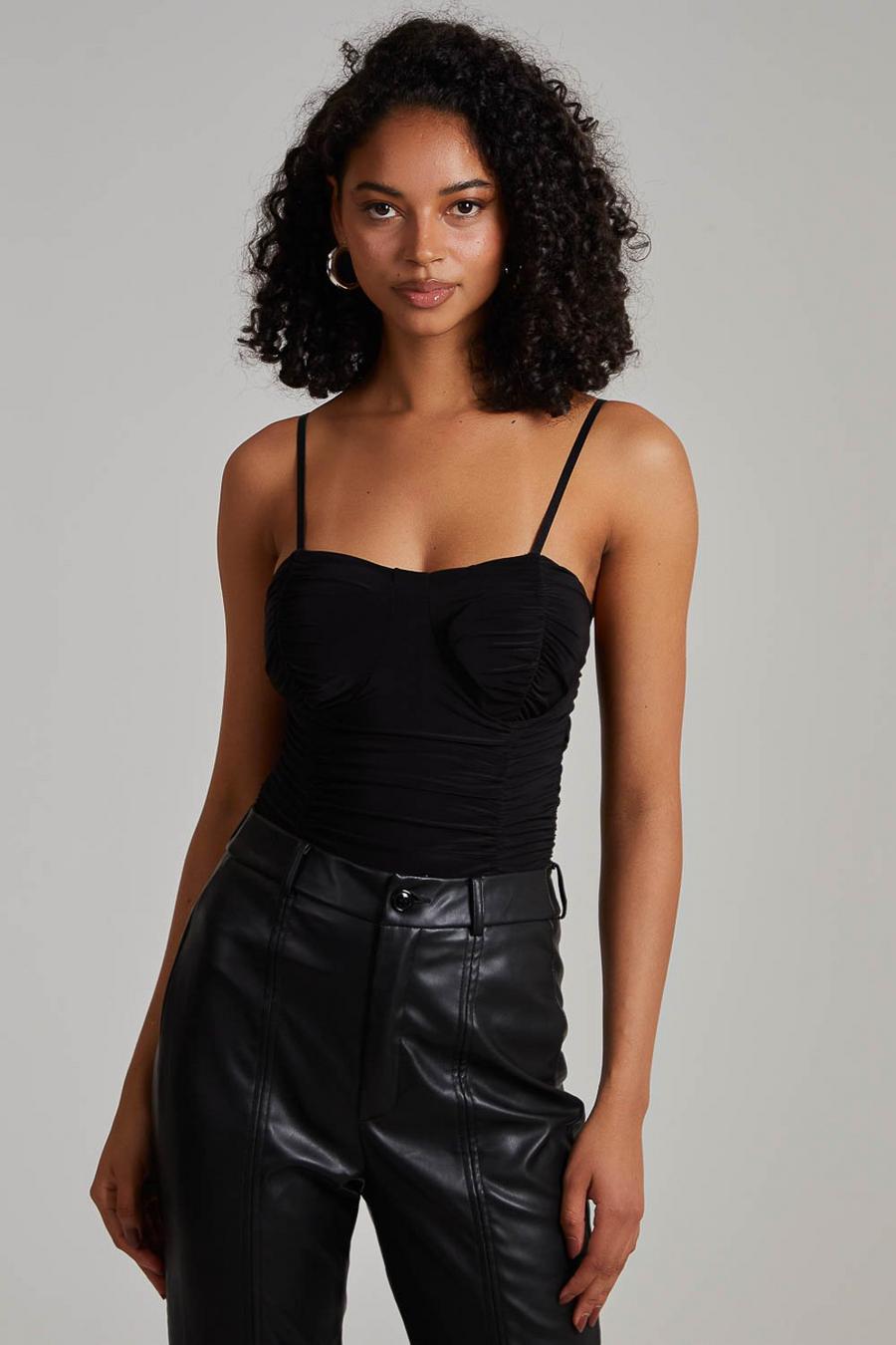 Black Ruched Cupped Strappy Bodysuit image number 1