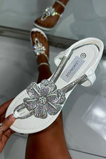 Crystal Flower Sandals White