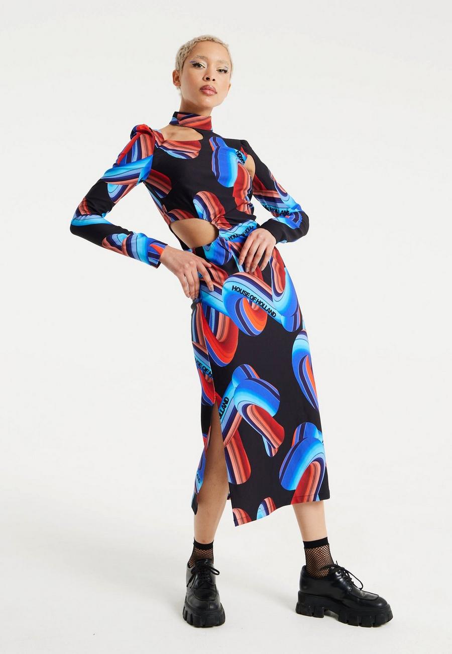 Multi Abstract Print Midi Dress With Front Cut Out Detail
