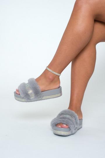 Crystal Fluffy Slipper Sliders Favolosa Grey