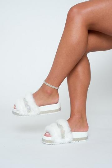 White Crystal Fluffy Slipper Sliders Favolosa