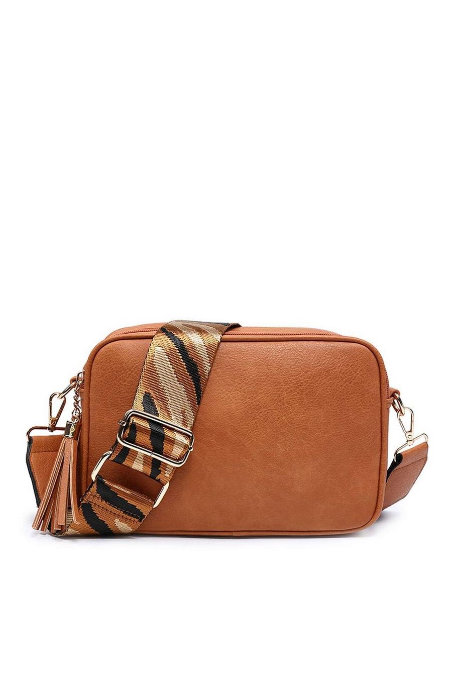Brown Double Tassel Zip Compartments  Crossbody Bag With Canvas Wide Strap image number 1