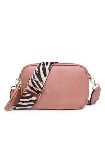 Pink Double Tassel Zip Compartments Crossbody Bag With Canvas Wide Strap