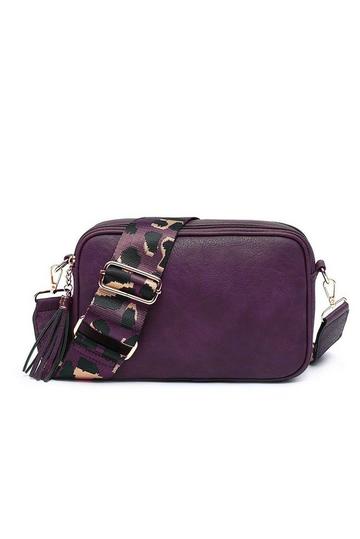 Double Tassel Zip Compartments Crossbody Bag With Canvas Wide Strap Purple