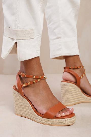 'Texas' Cross Over Ankle Strap With Studd Detail Espadrille Wedges Tan