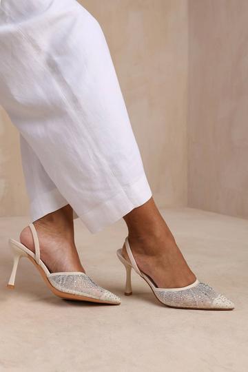 'California' Wide Fit Diamante Mesh Pointed Toe Sling Back Heel Beige