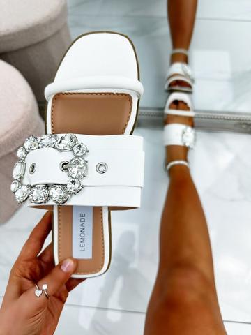 White Crystal Buckle Double Strap Sliders