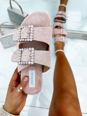 Pink Crystal Boho Suede Buckle Sliders