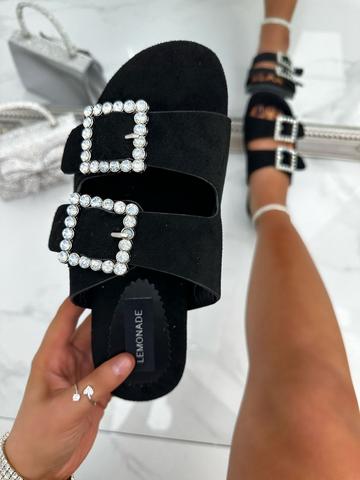 Crystal Boho Suede Buckle Sliders Black