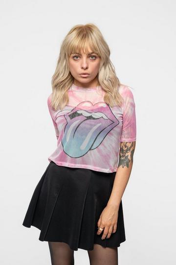 Pink Gradient Tongue Mesh Crop Top White