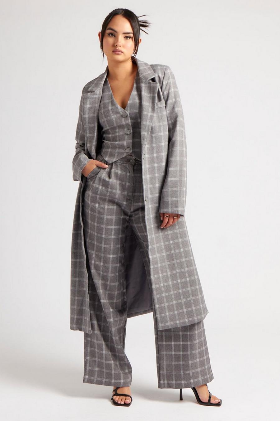 Grey Check Longline Duster Coat