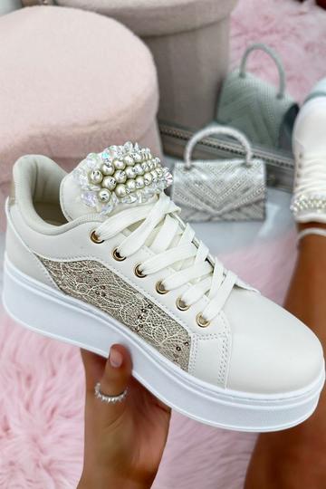 Gold Metallic Sparkly Pearl Lace Trainers