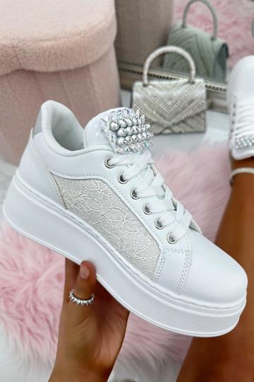 Sparkly Pearl Lace Trainers Silver