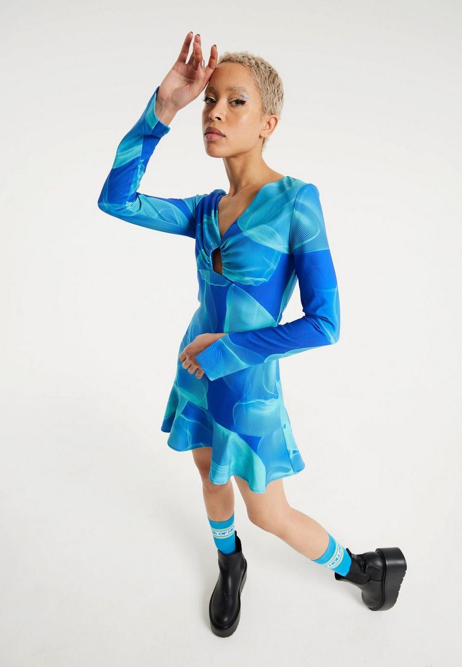 Blue Aqua Mesh Abstract Wire Print Long Sleeve Dress With A Front Cut Out Detail image number 1