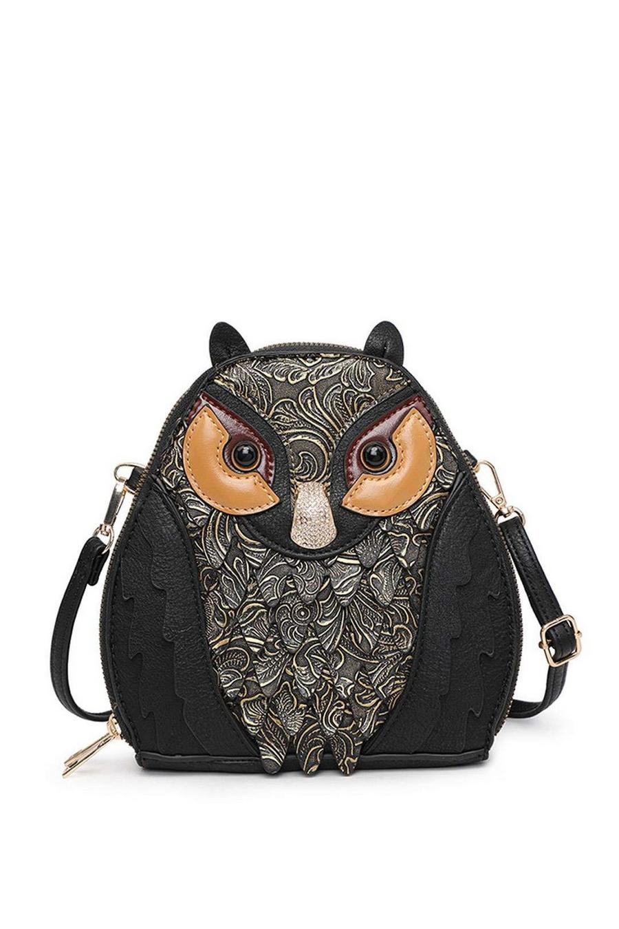 Black Owl Shape Dual Compartments Small Shoulder Crossbody Bag image number 1