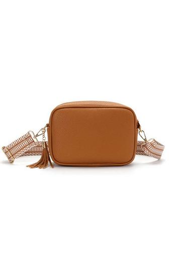 Small Tassel Crossbody Bag Canvas Stap Tan