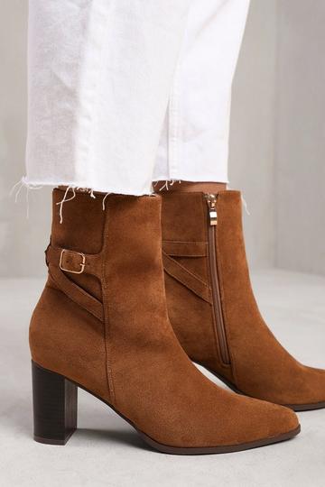 'North' Wide Fit Block Heel Boot With Buckle Detail Brown