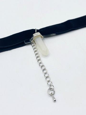 Black Black Faux Velvet Choker Necklace with Clear Stone Charm