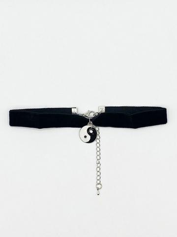 Black Black Faux Velvet Choker Necklace with Ying Yang Charm