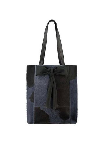 Black Navy Bow Calf Hair Leather Tote Bag | BYYLI