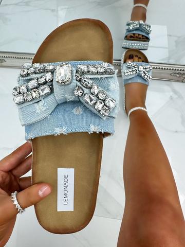 Crystal Distressed Denim Bow Sliders Light Blue