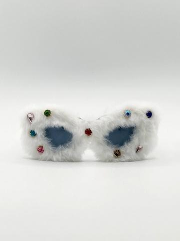 White Faux Fur Cateye Sunglasses with Multicoloured Gems