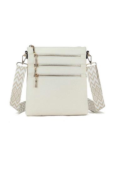 Triple Zip Slim Crossbody Bag With Canvas Strap Beige