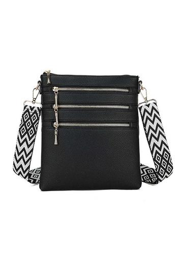 Black Triple Zip Slim Crossbody Bag With Canvas Strap