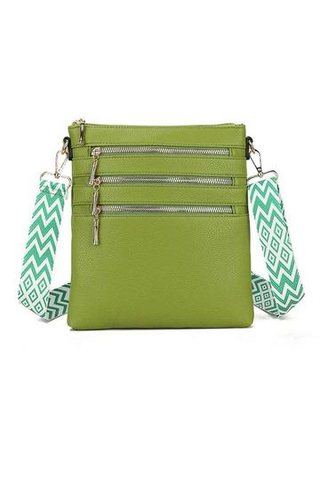 Green Triple Zip Slim Crossbody Bag With Canvas Strap