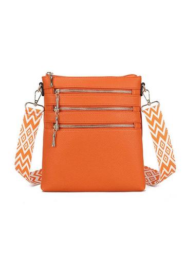 Orange Triple Zip Slim Crossbody Bag With Canvas Strap