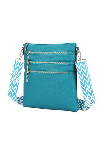 Triple Zip Slim Crossbody Bag With Canvas Strap Teal