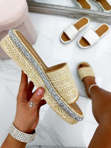 Beige Crystal Trim Raffia Sliders