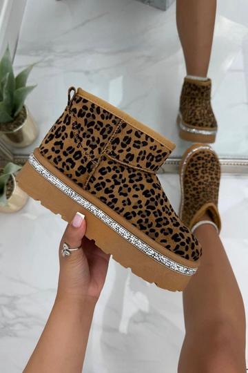 Crystal Trim Leopard Mini Snugg Platform Boots Light Brown