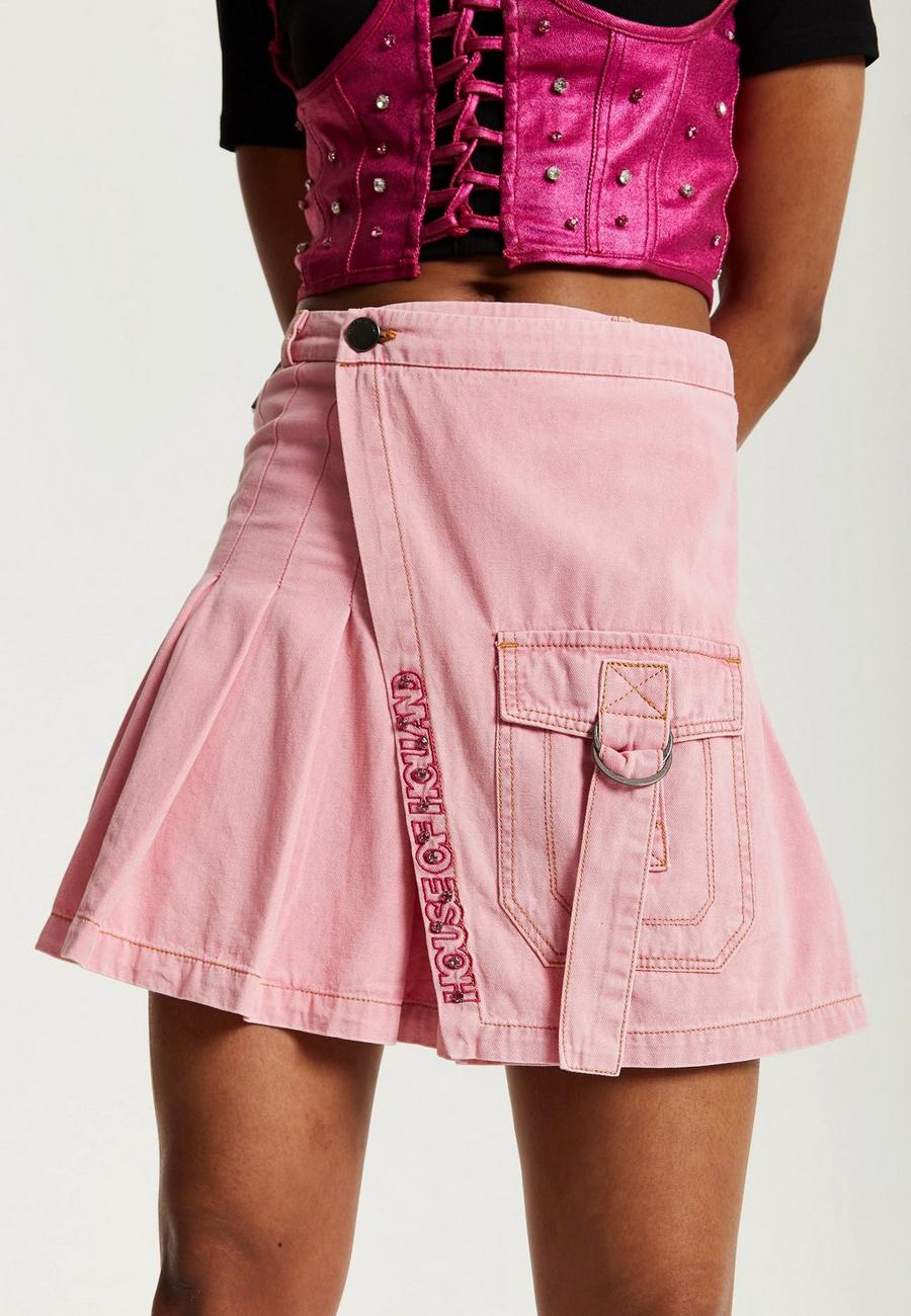 Light Pink Denim Studded Pleated Skirt image number 1