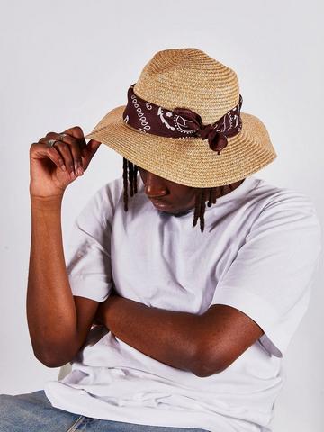 Straw Fedora Hat With Bandana Printed Band In Natural and Dark Oak Natural